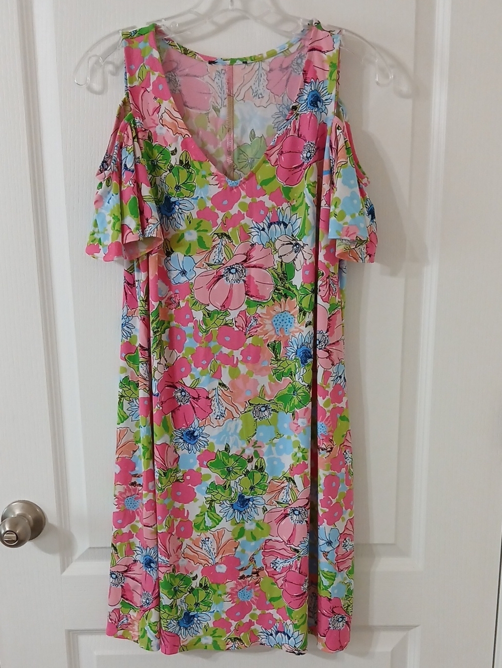 Floral Cold-Shoulder Summer Dress in Pink & Green